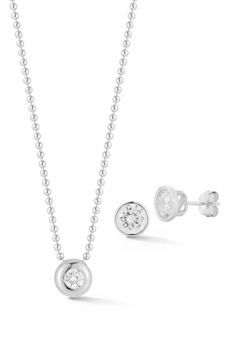 GLAZE JEWELRY Bezel Set Cubic Zirconia Pendant Necklace & Stud Earrings Set, Main, color, 