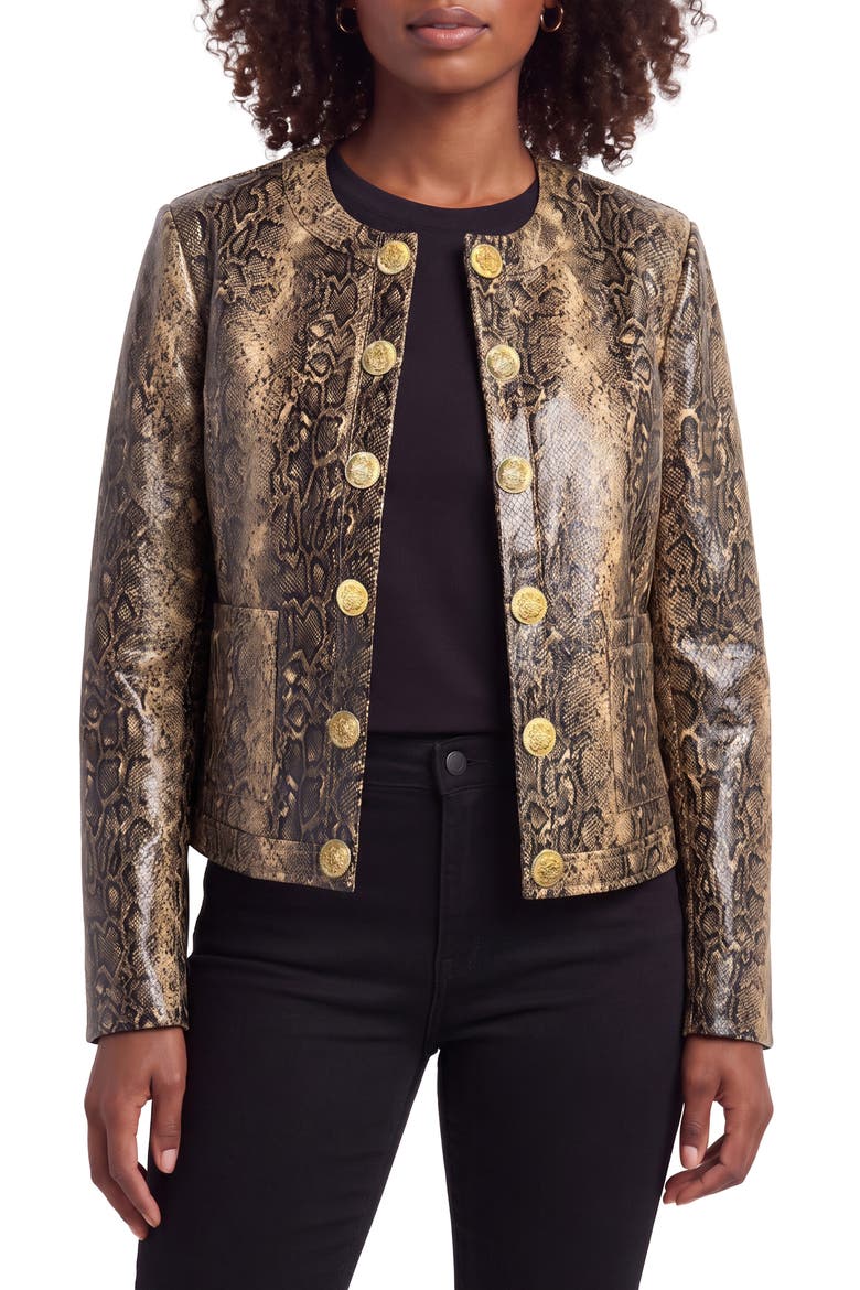 Snakeskin Print Faux Leather Collarless Jacket, Main, color, TAN SNAKE
