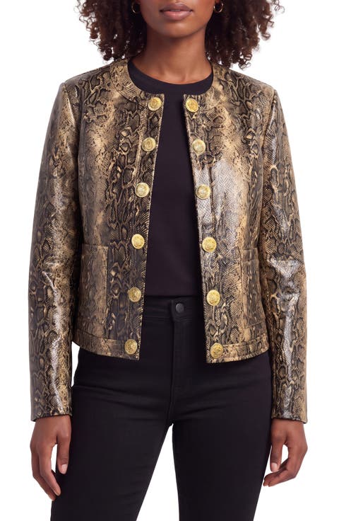 Snakeskin Print Faux Leather Collarless Jacket