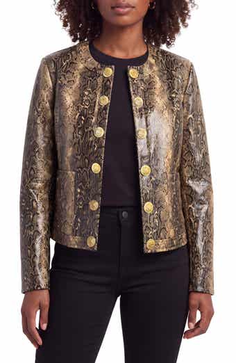 Snakeskin Print Faux Leather Collarless Jacket