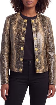 Bagatelle Snakeskin Print Faux Leather Collarless Jacket