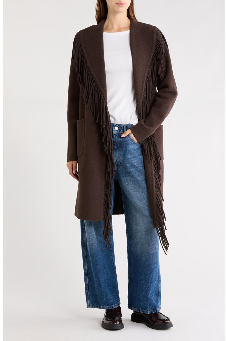 Fringe Shawl Collar Wrap Coat, Alternate, color, ESPRESSO