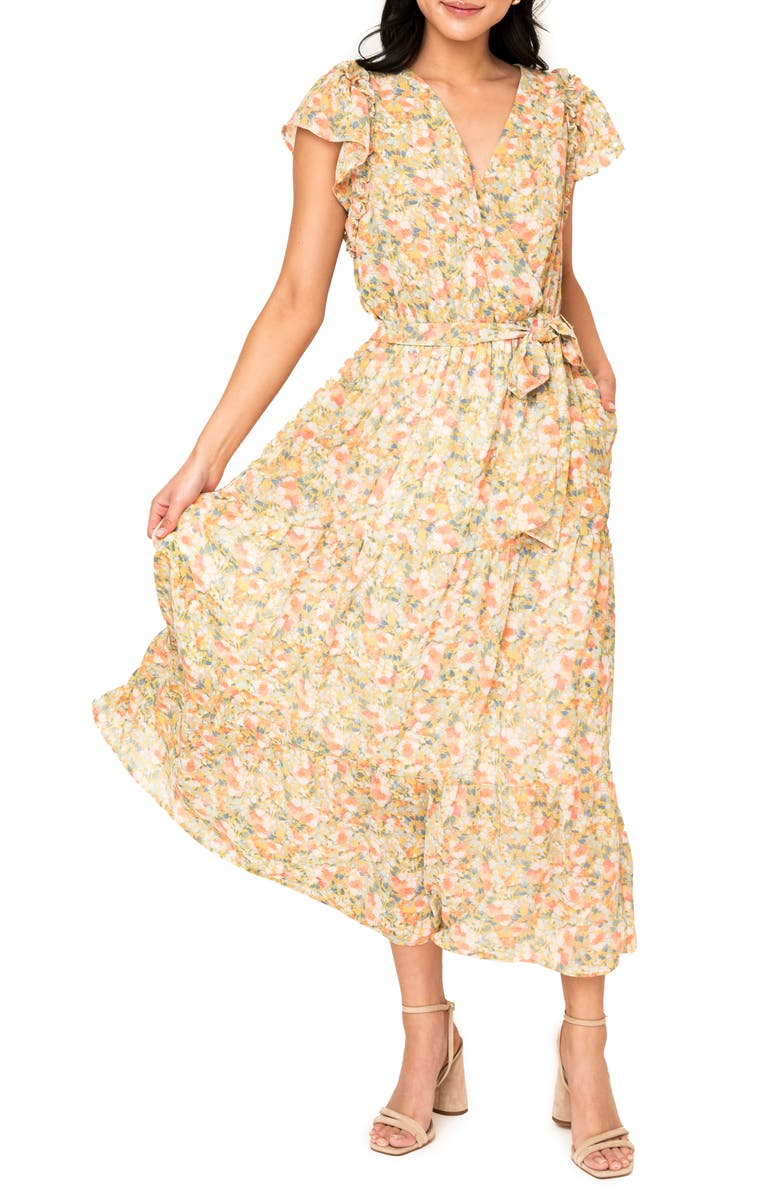 GIBSONLOOK Floral Flutter Sleeve Midi Dress, Main, color, Yellow Multi Floral