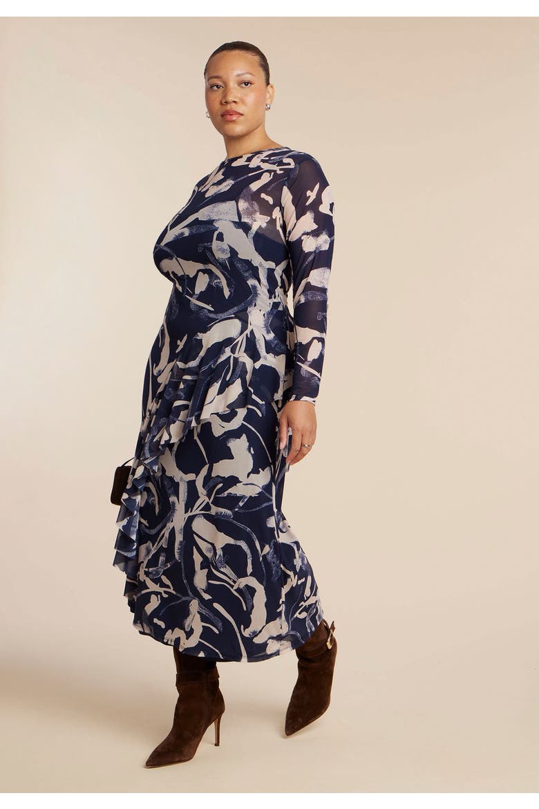 Asym Printed Midi Dress, Alternate, color, INK BLOTCH NAVY