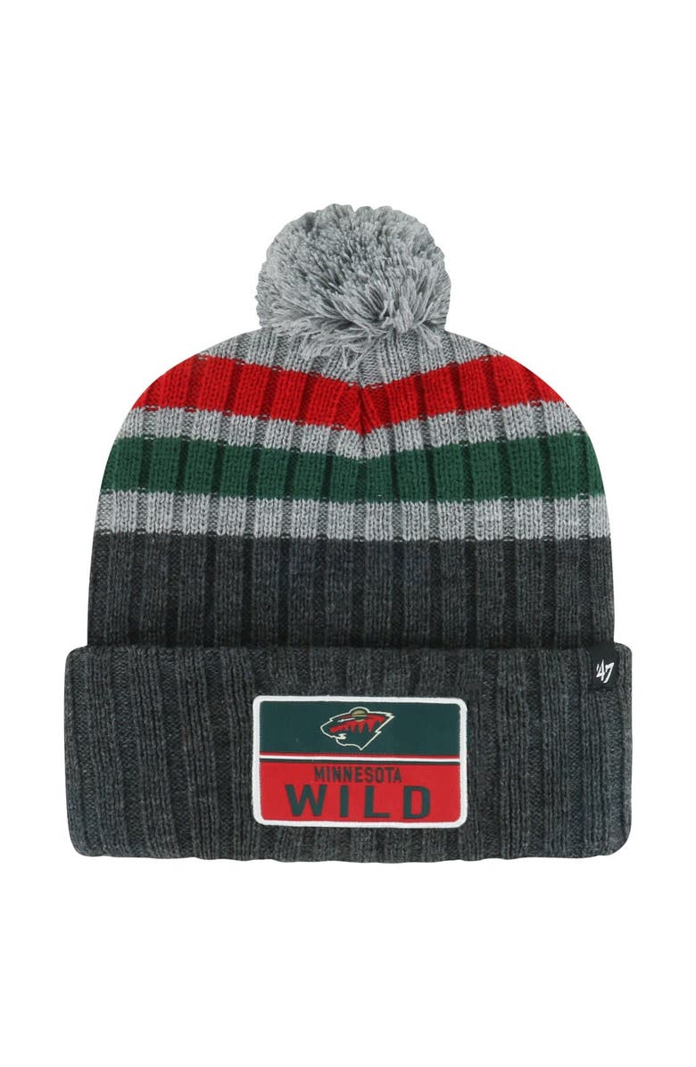 '47 Men's '47 Gray Minnesota Wild Stack Patch Cuffed Knit Hat with Pom, Main, color, Gray