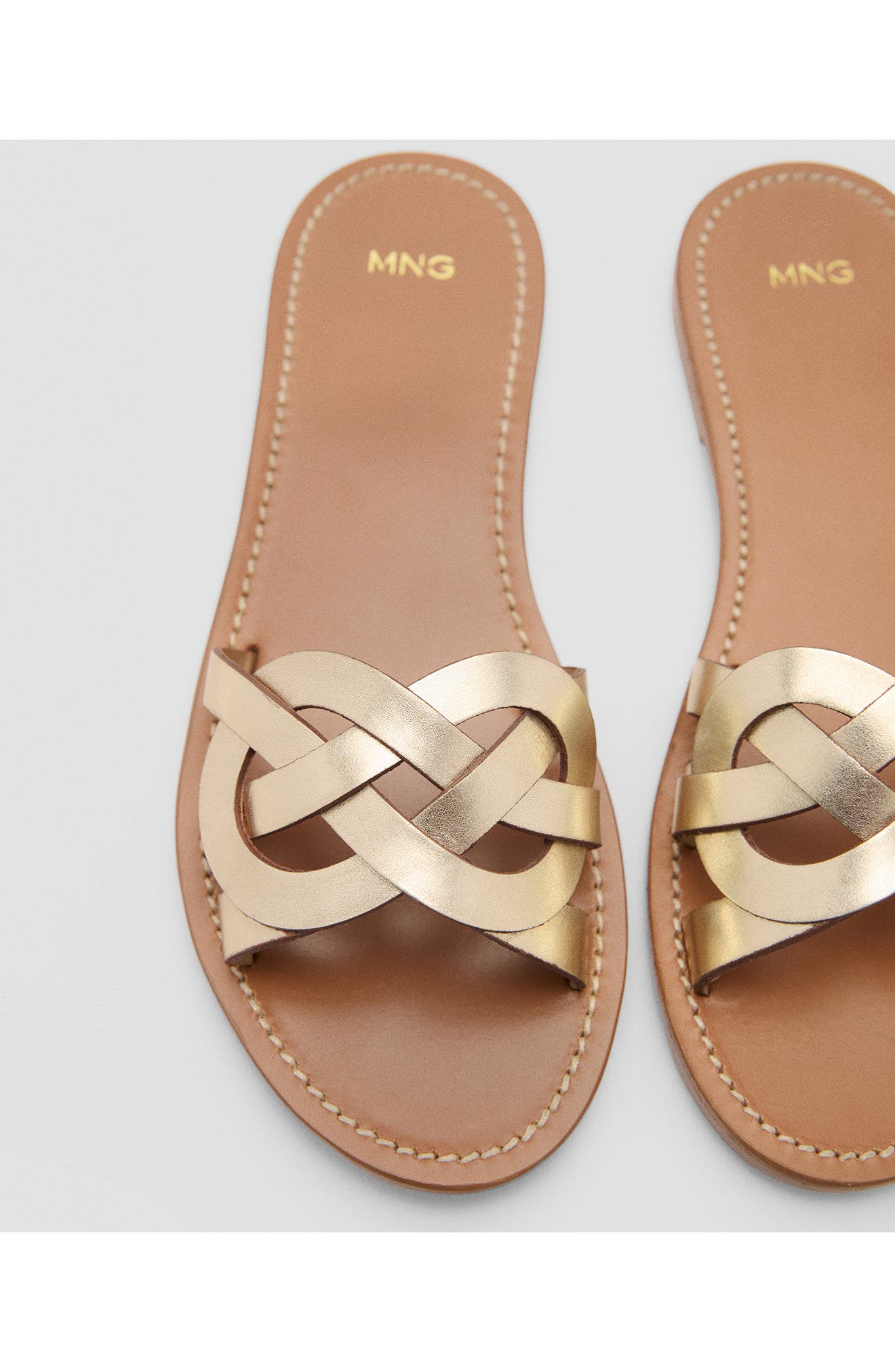 MANGO Intertwined Strap Flat Leather Slide Sandal, Alternate, color, Gold