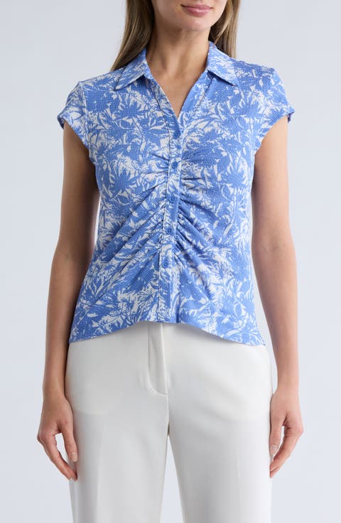 Cap Sleeve Ruched Button Front Top