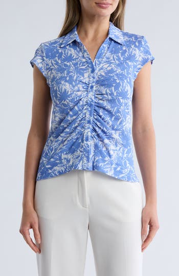 Nvlt Cap Sleeve Ruched Button Front Top In Blue