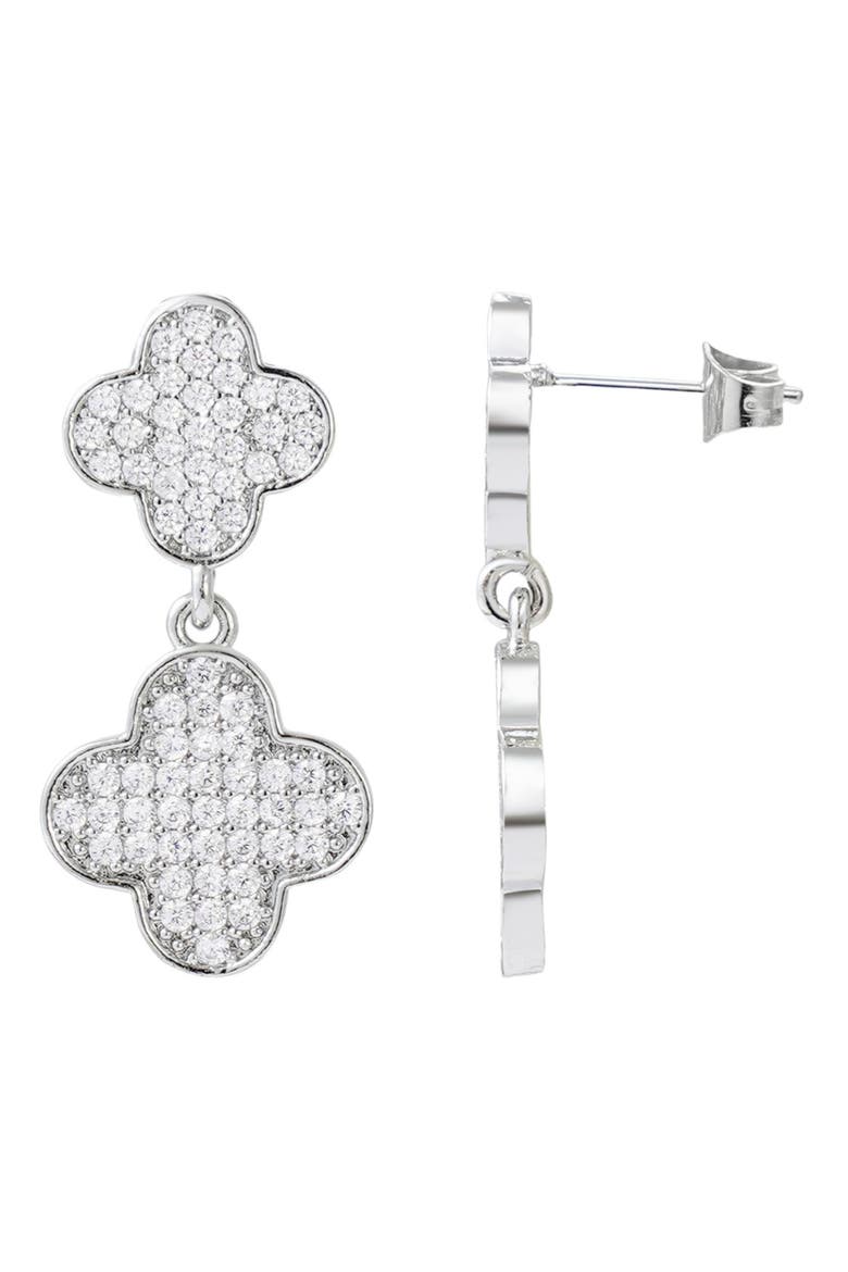 Pavé Cubic Zirconia Clover Drop Earrings, Alternate, color, SILVER