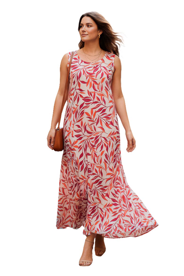 Hand Crinkled Sleeveless Dress, Main, color, SUNSET CORAL LEAVES