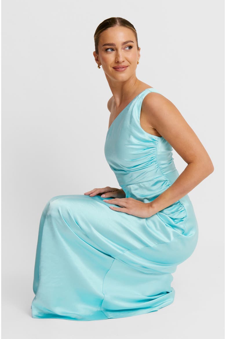 One Shoulder Gathered Bridesmaid Dress, Alternate, color, Turquoise