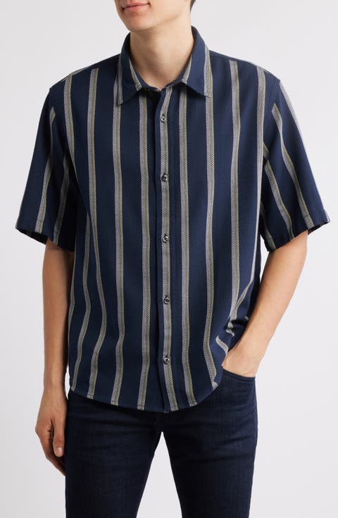 Eralino Loose Fit Stripe Short Sleeve Cotton Blend Button-Up Shirt