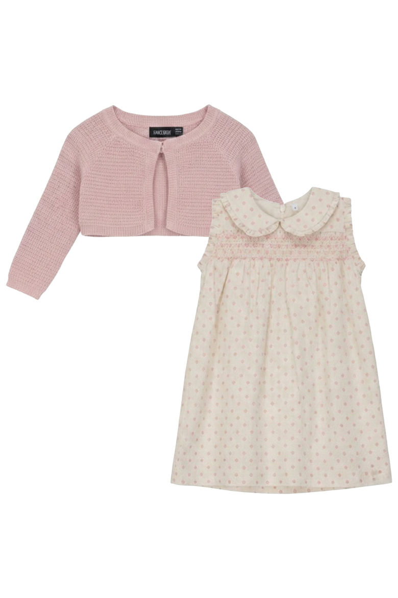Printed Gauze Ruffle Shoulder Dress with Knit Cardigan Set, Main, color, Cream/Pink