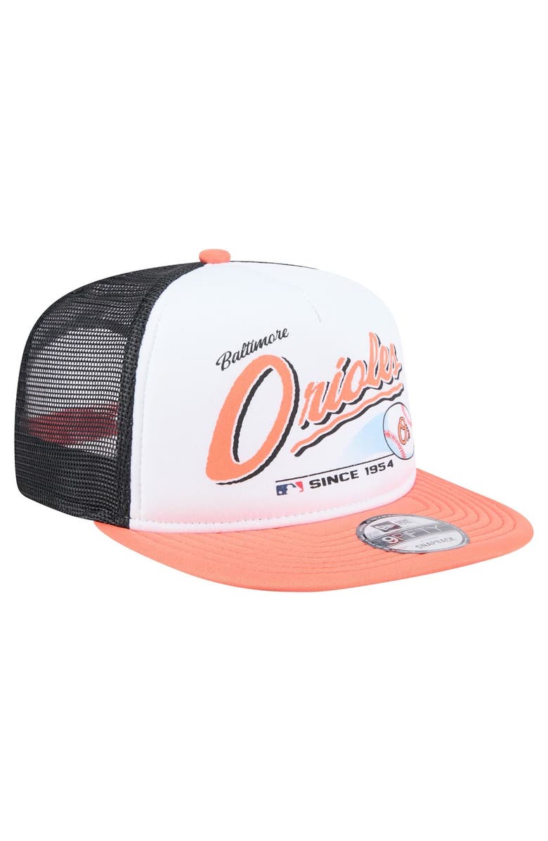 New Era Men's New Era White/Orange Baltimore Orioles Retro Script Trucker 9FIFTY Snapback Hat, Alternate, color, White