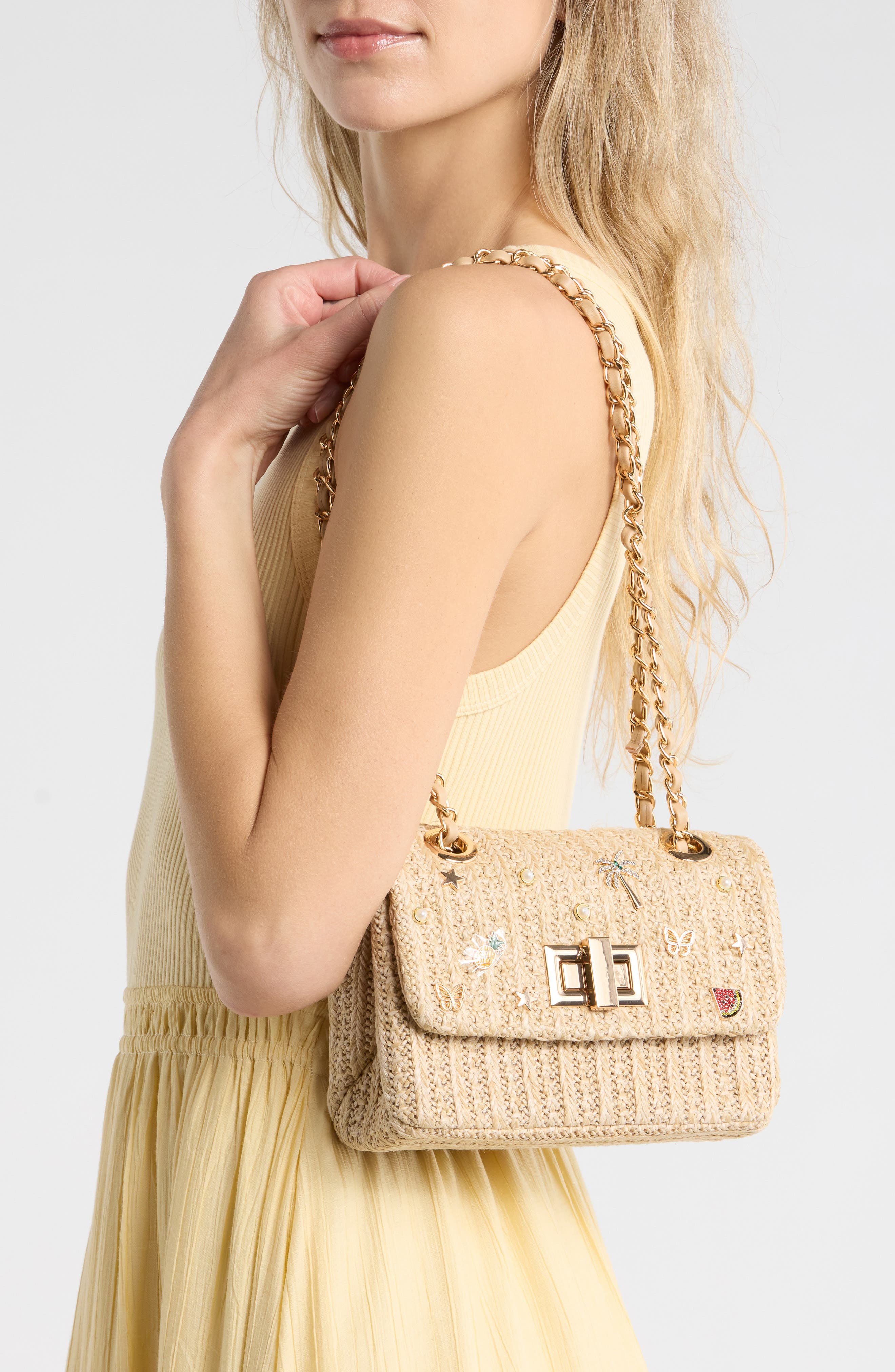 ALDO Charm Raffia Shoulder Bag, Alternate, color, Natural