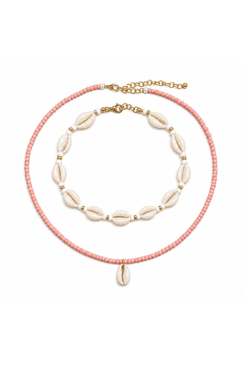 Two-Piece Genuine Cowrie Shell and Beaded Pendant Necklace Set, Main, color, Pink