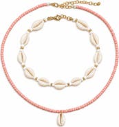 Gemini Jewelry Two-Piece Genuine Cowrie Shell and Beaded Pendant Necklace Set