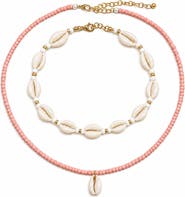 Gemini Jewelry Two-Piece Genuine Cowrie Shell and Beaded Pendant Necklace Set
