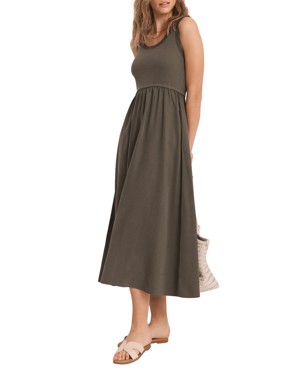 Ruched Trim Cotton Midi Dress