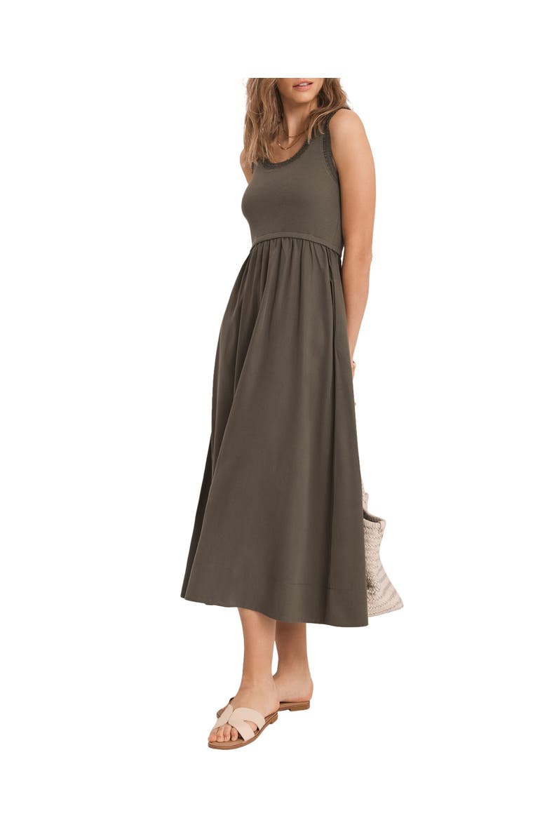 MINT VELVET Ruched Trim Cotton Midi Dress, Main, color, Khaki