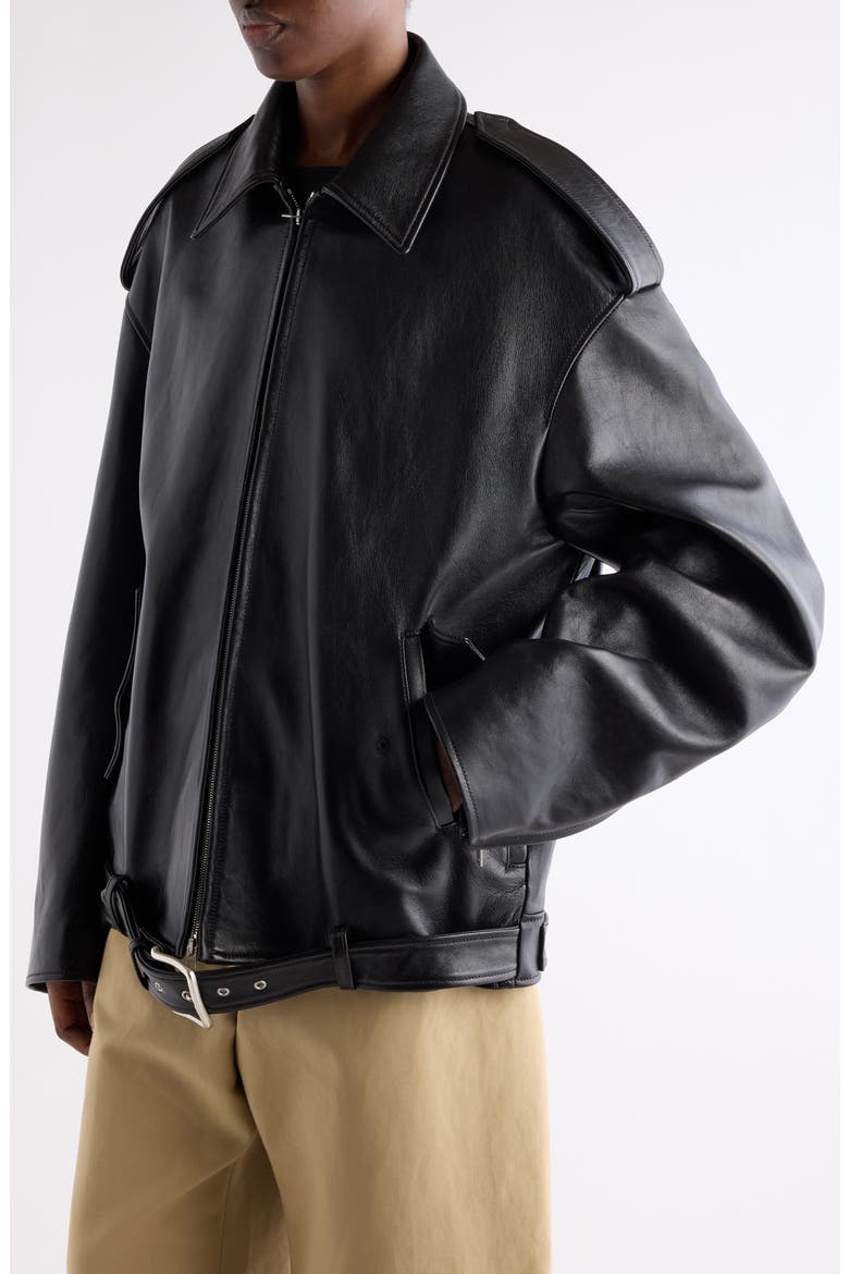 Linaga Oversize Leather Moto Jacket, Alternate, color, BLACK