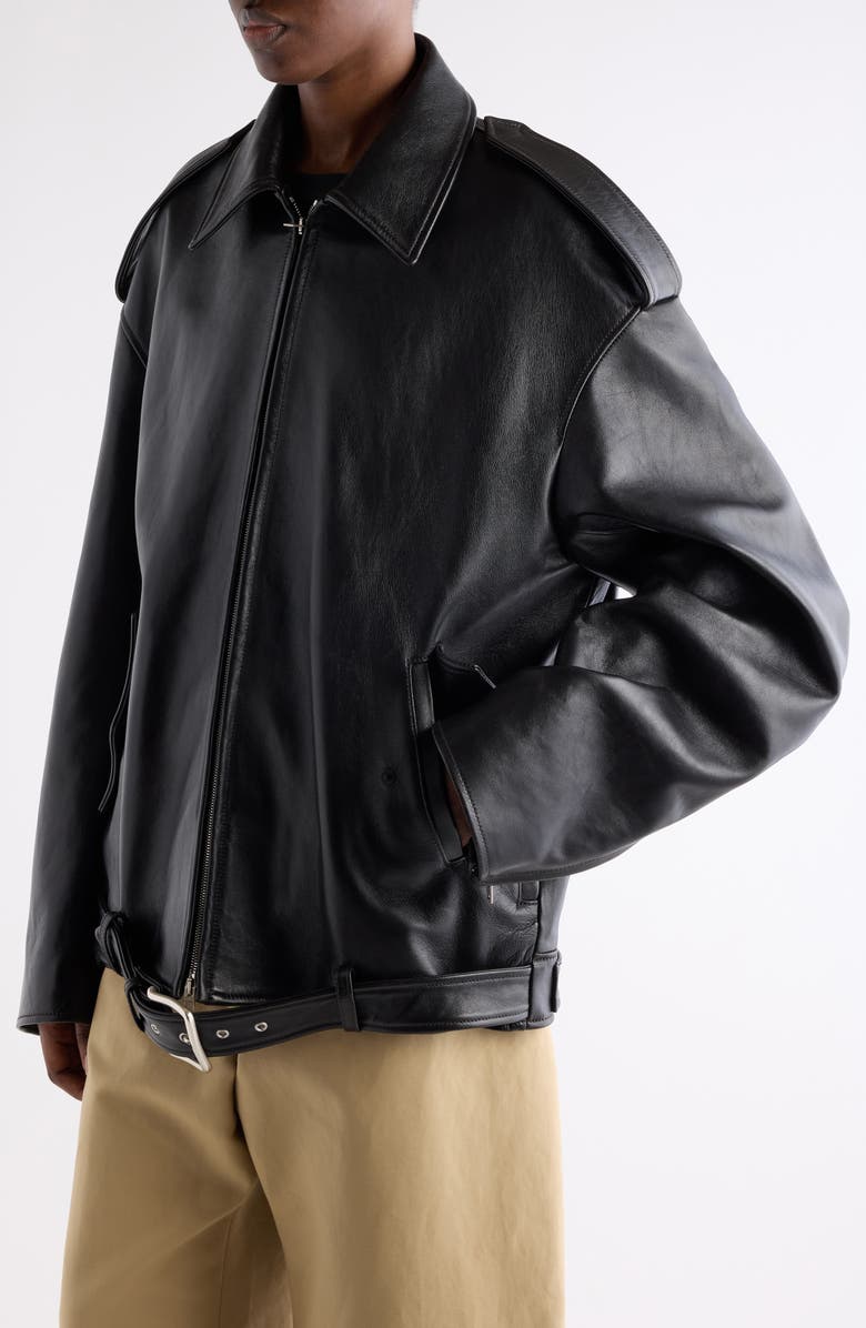 Acne Studios Linaga Oversize Leather Moto Jacket, Alternate, color, Black