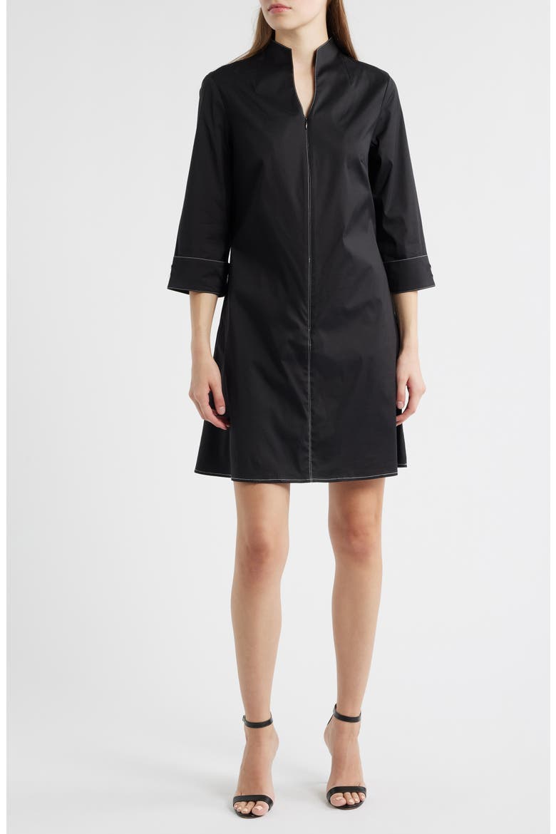 Front Zip Stretch Cotton Shirt Dress, Main, color, BLACK/ WHITE