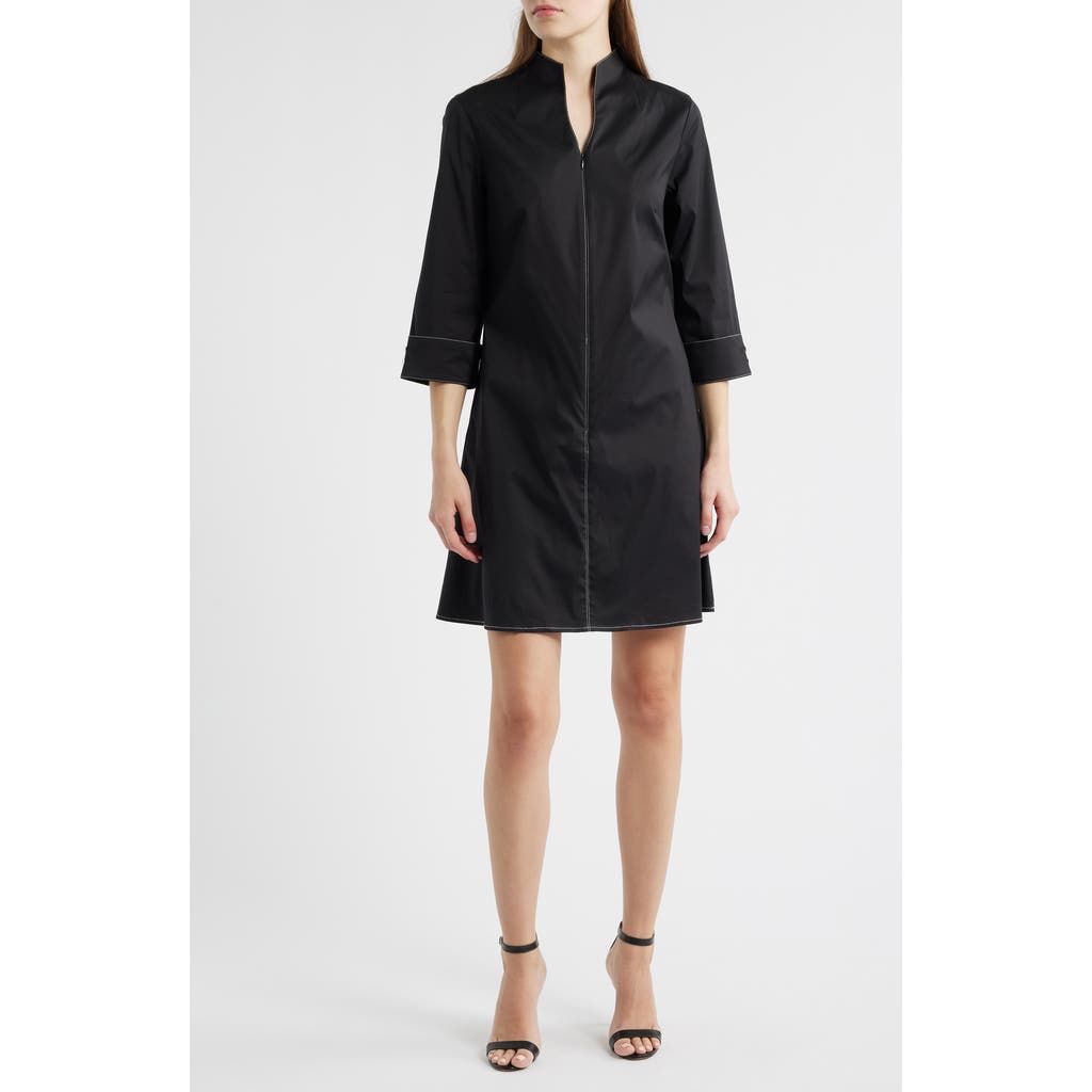 Ming Wang Front Zip Stretch Cotton Shirt Dress In Blue