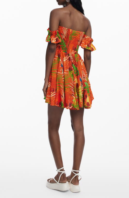 Desigual Tropical Print Off The Shoulder Cover-up Minidress In Orange