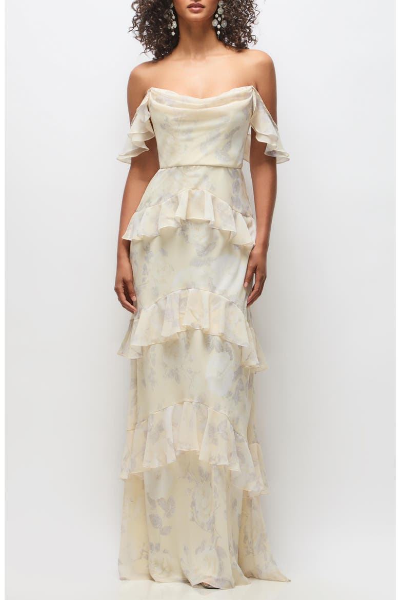 Olivia Tiered Ruffle Chiffon Gown, Main, color, BUTTER YELLOW FLORAL