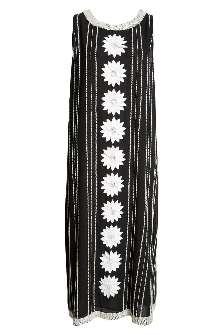 Daisy Bead Stripe Embellished Midi Dress, Alternate, color, BLACK WHITE