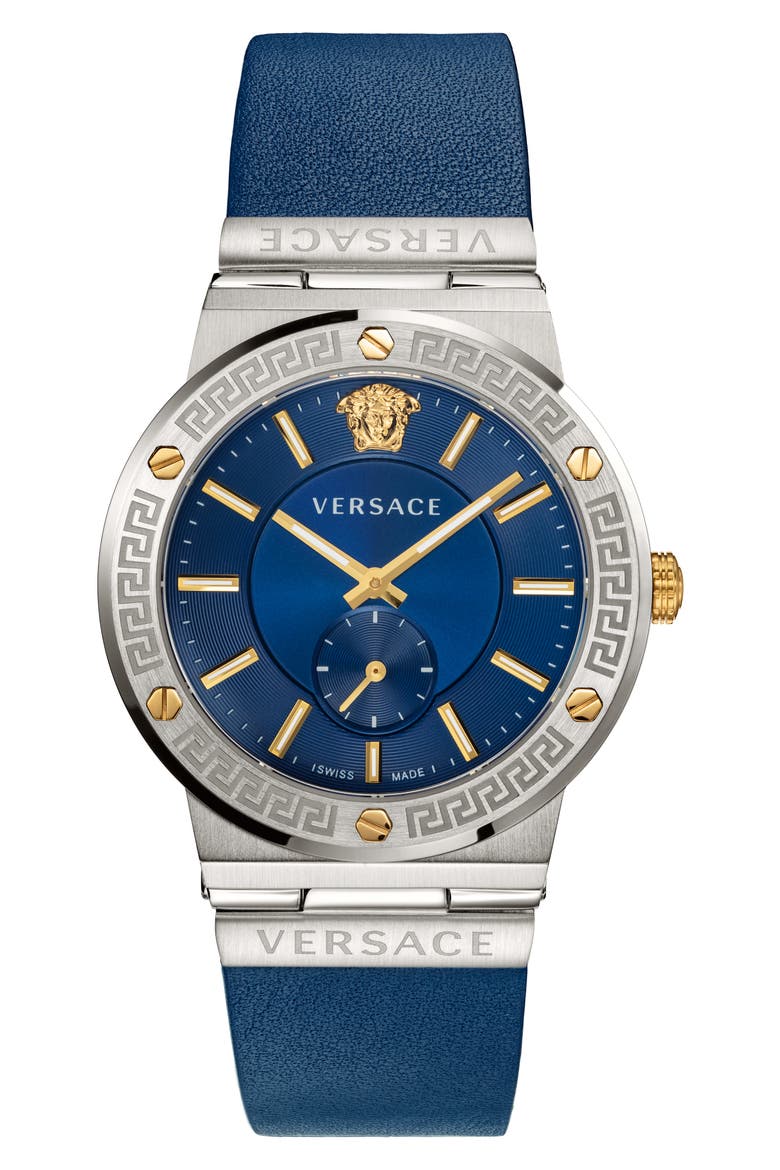 Greca Logo Leather Strap Watch, 41mm, Main, color, BLUE/ SILVER