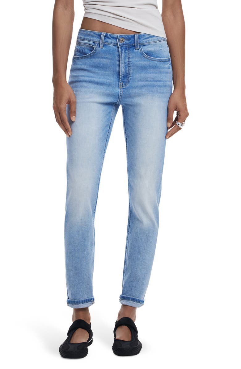Desigual Cuff Straight Leg Jeans, Main, color, Light Blue