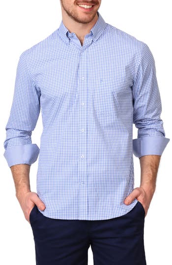 Shop Tailorbyrd Gingham Stretch Cotton Button-up Shirt In Light Blue