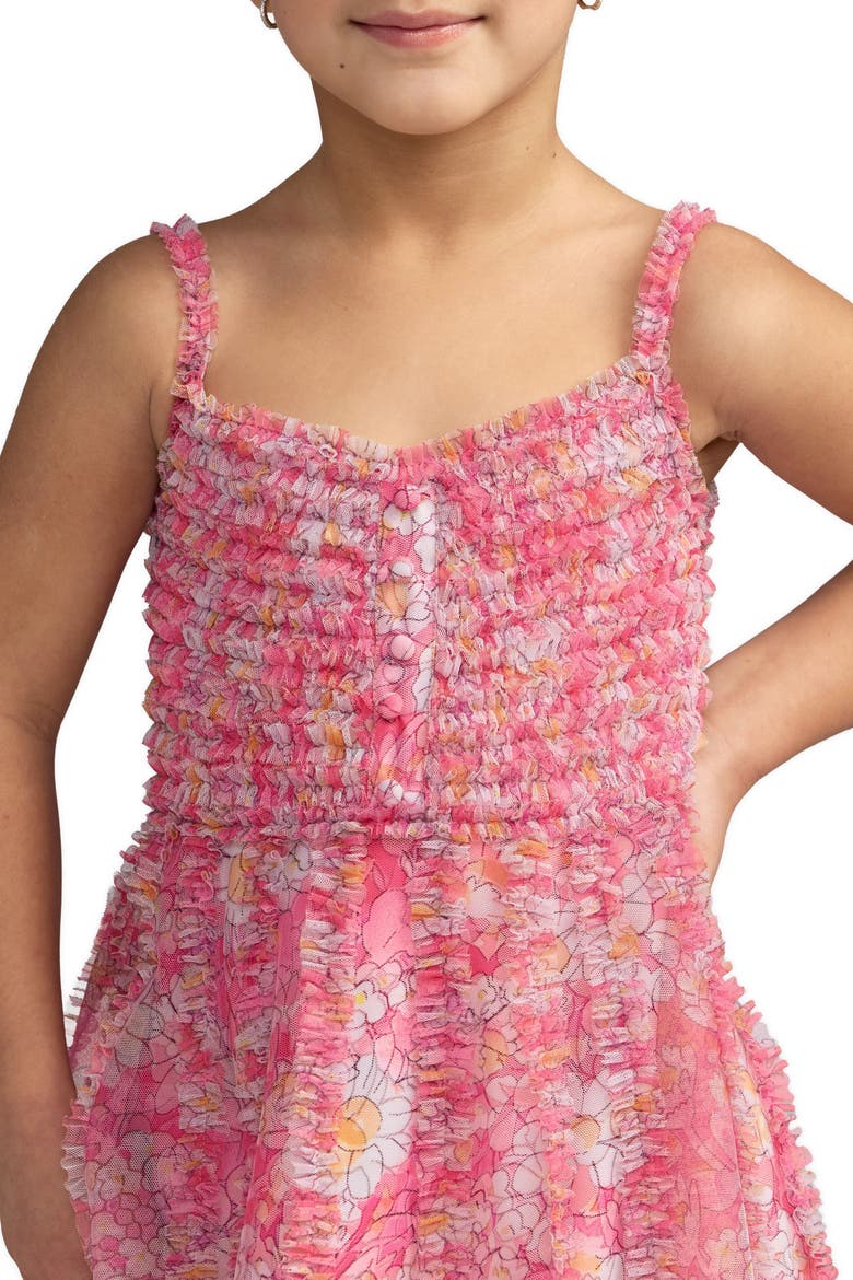 Girls Mesh V-Neck Floral Print Mini Dress, Alternate, color, Pink Multi