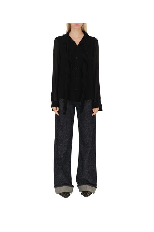 Burberry Ruffled Long Sleeve Silk Blouse In Black