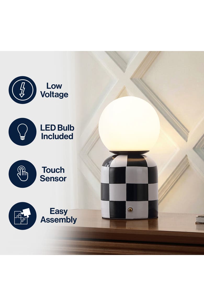 Zira Modern Checkerboard Ceramic Rechargeable Cordless Integrated Portable Dimmable with Frosted Globe Shade LED Table Lamp, Alternate, color, Black/White