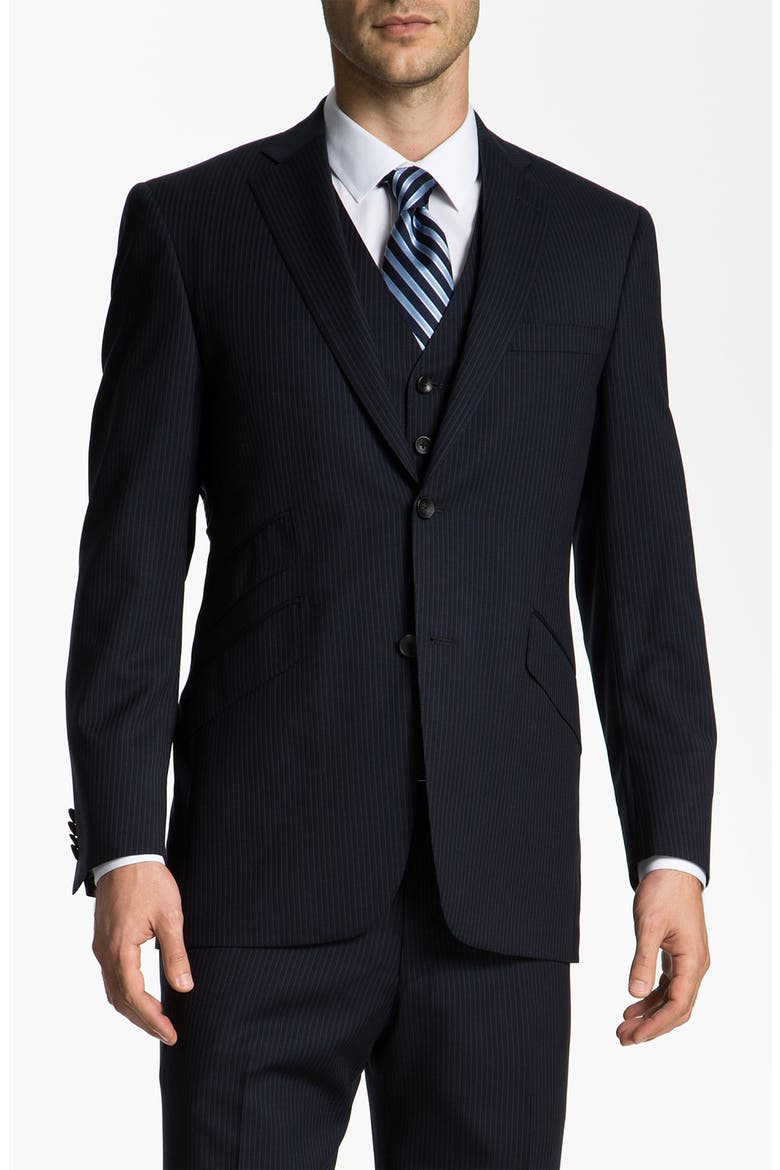 Stripe Three Piece Wool Suit, Main, color, NAVY STRIPE
