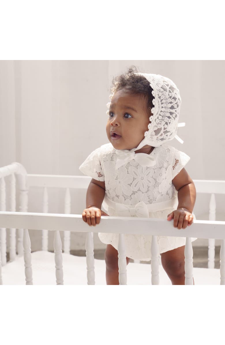 Carriage Boutique Lace Christening Bubble Bodysuit with Satin Bow, Alternate, color, Off White