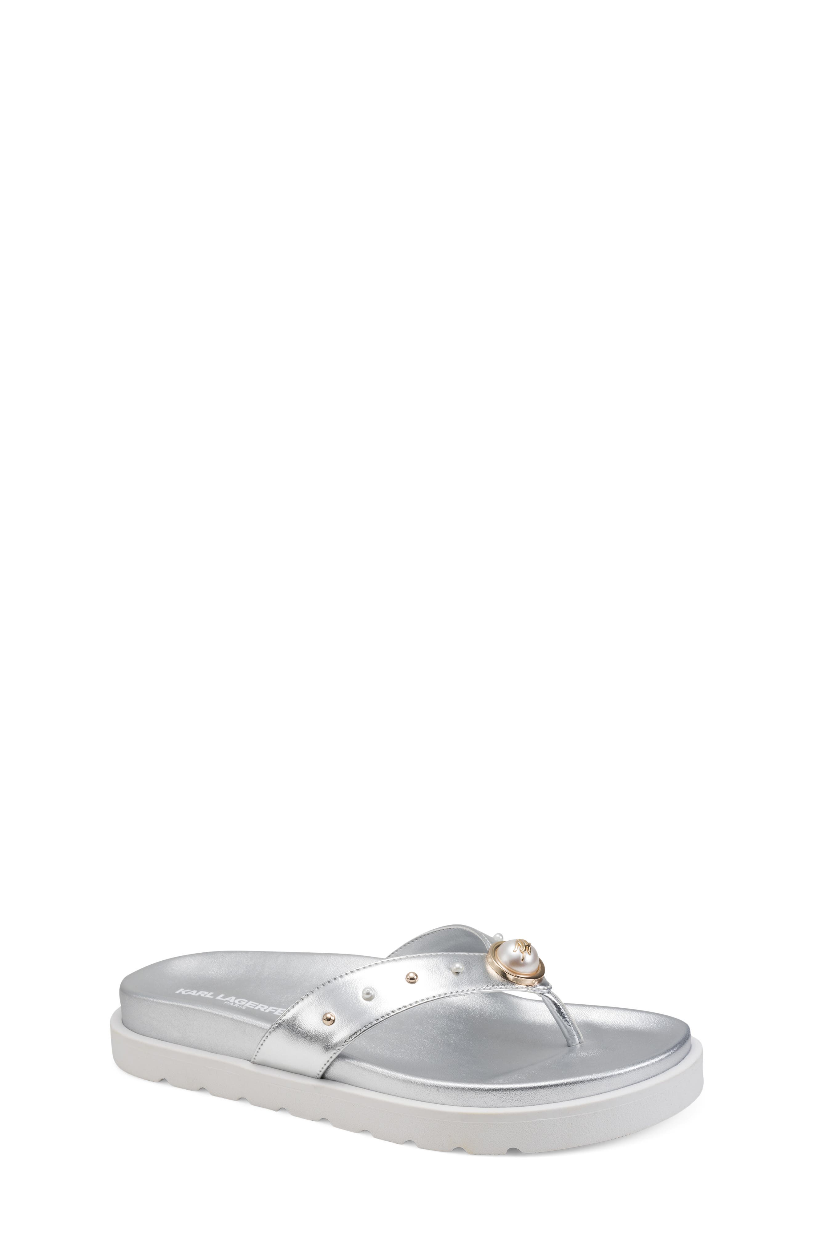 KARL LAGERFELD PARIS Hayze Faux Pearl Lined Thong Flip Flop, Main, color, Silver