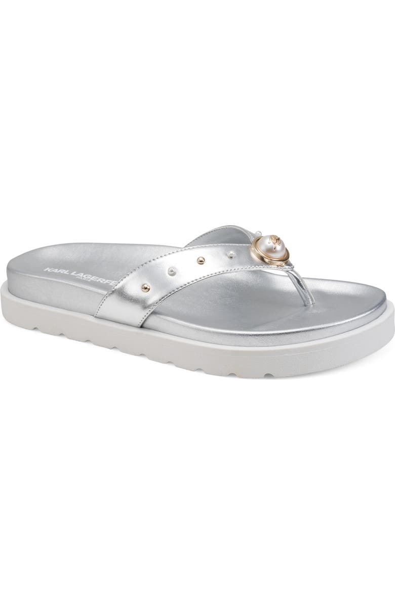 KARL LAGERFELD PARIS Hayze Faux Pearl Lined Thong Flip Flop, Main, color, Silver