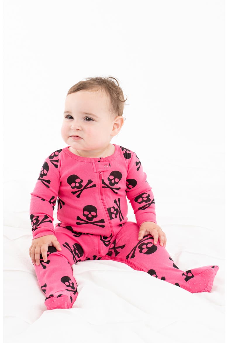 Kids Footed Cotton Halloween Matching Family Pajamas, Fun Prints, Alternate, color, Pink Skulls
