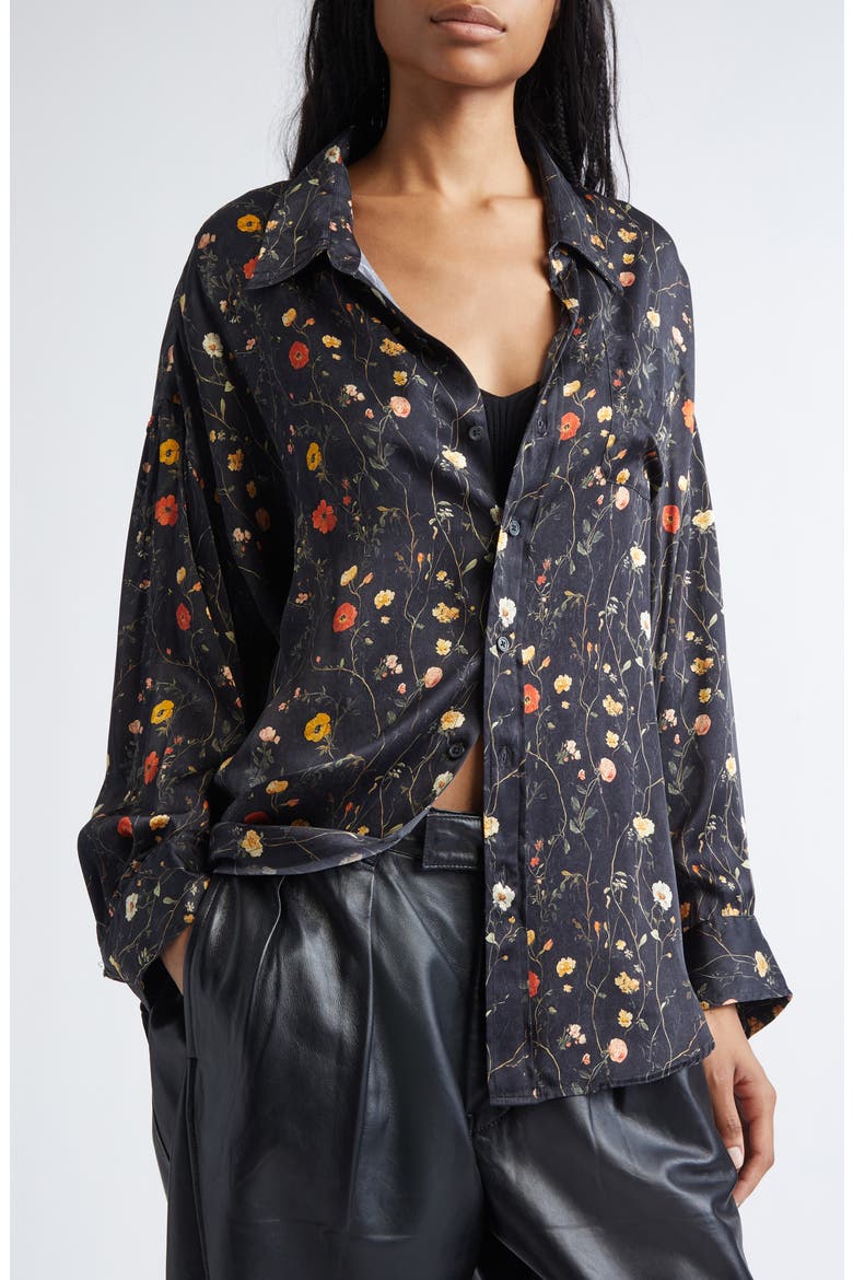Drop Neck Floral Button-Up Shirt, Alternate, color, FLORAL ON BLACK