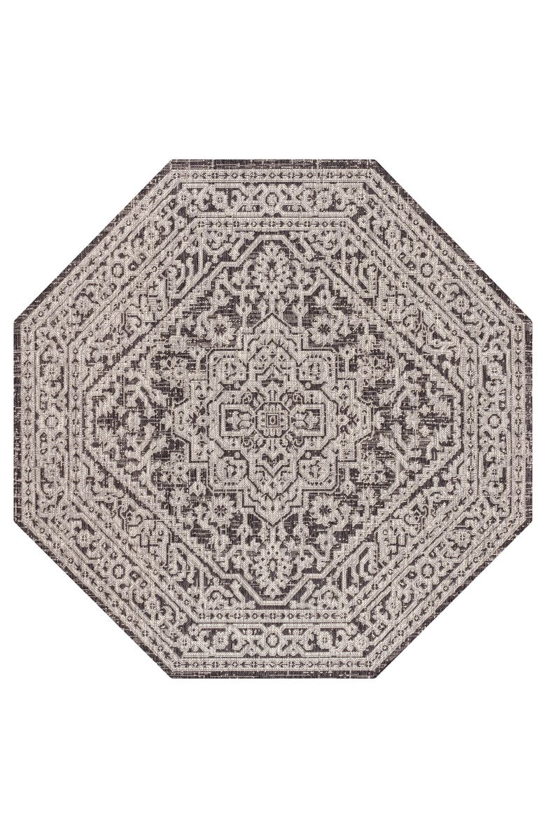 JONATHAN Y Sinjuri Medallion Textured Weave Octagon Indoor/Outdoor Area Rug, Main, color, Gray/Black
