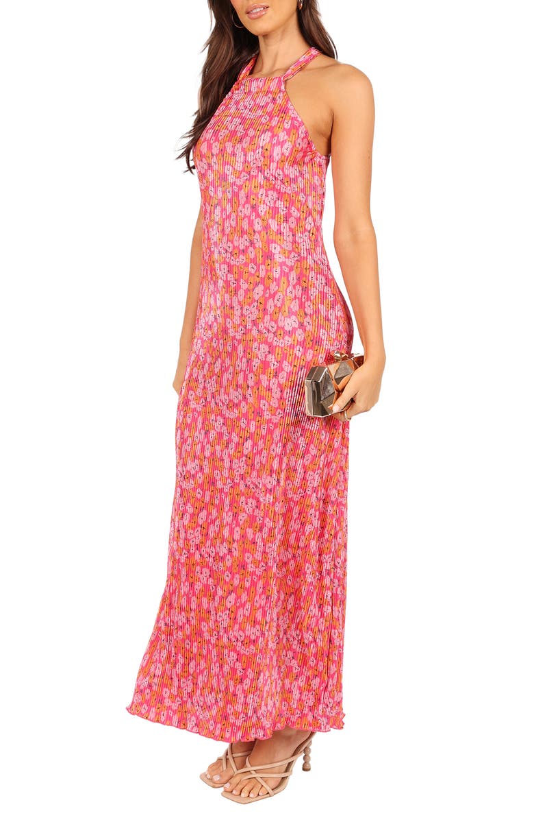 Petal & Pup Melody Floral Print Halter Neck Plissé Maxi Dress, Alternate, color, Hot Pink