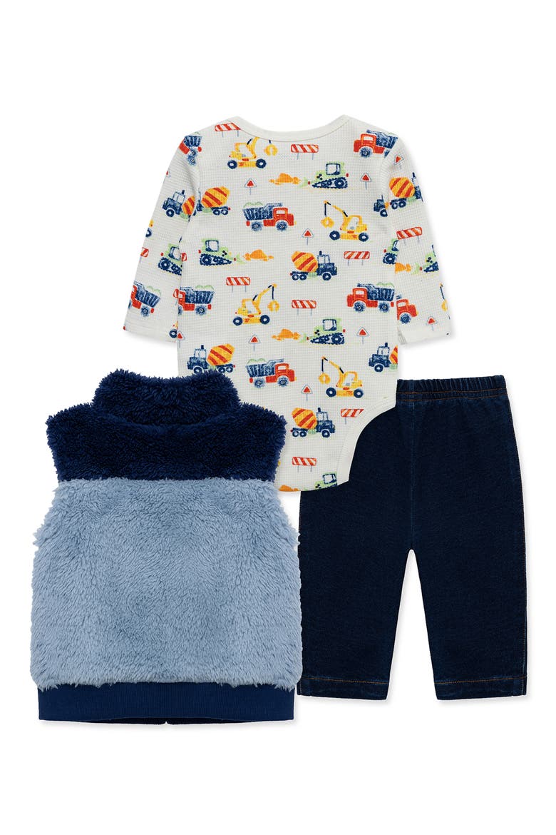 Trucks Long Sleeve Bodysuit, High Pile Fleece Vest & Jeans Set, Alternate, color, BLUE