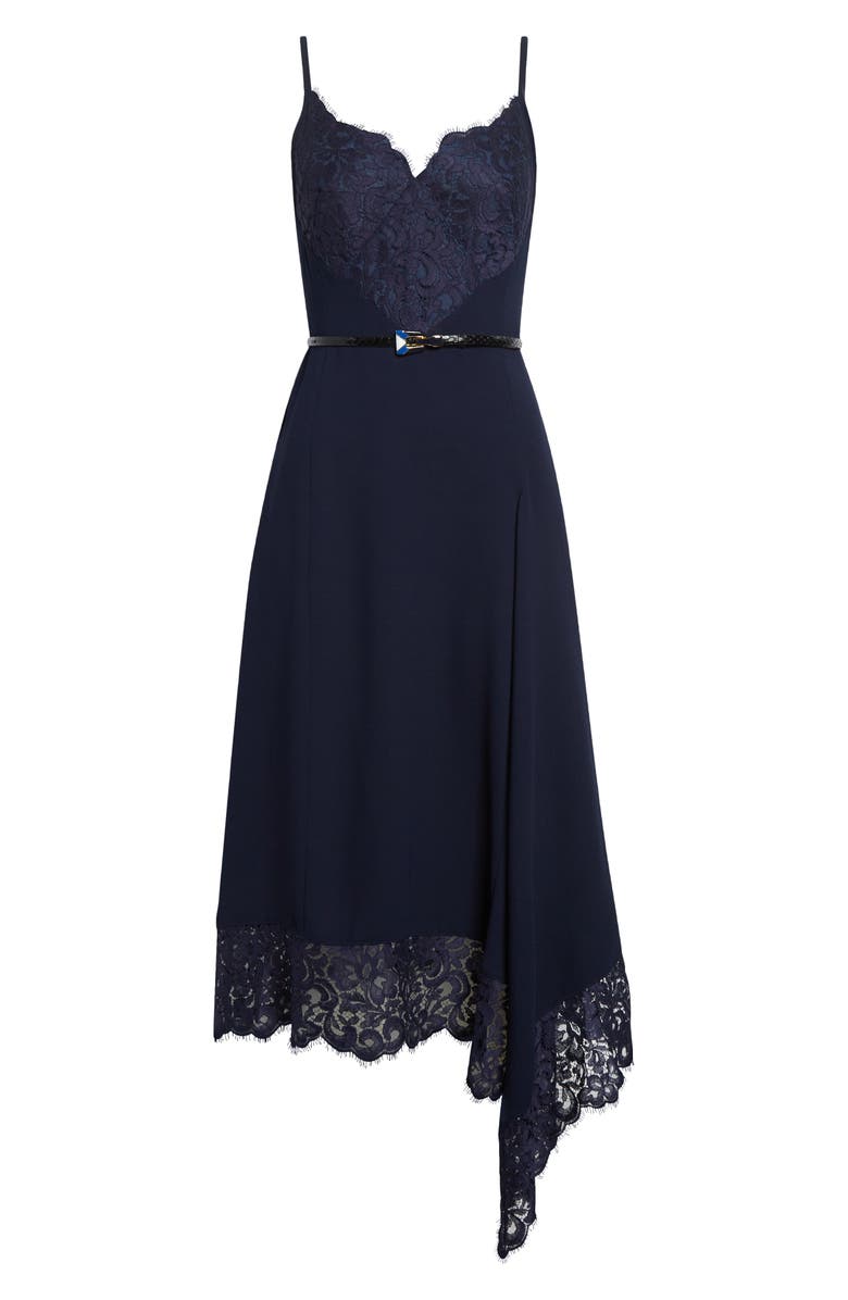 ST. JOHN Lace Trim Asymmetric Satin Back Crepe Dress, Alternate, color, Midnight