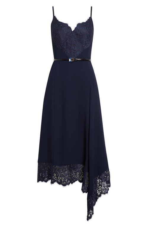 St John St. John Collection Lace Trim Asymmetric Satin Back Crepe Dress In Blue