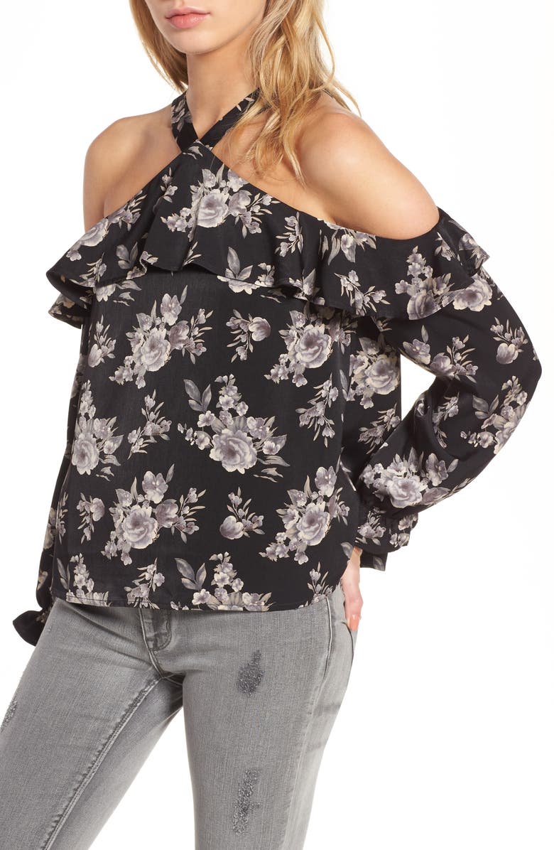 J.O.A. Ruffle Floral Print Cold Shoulder Top, Main, color, 