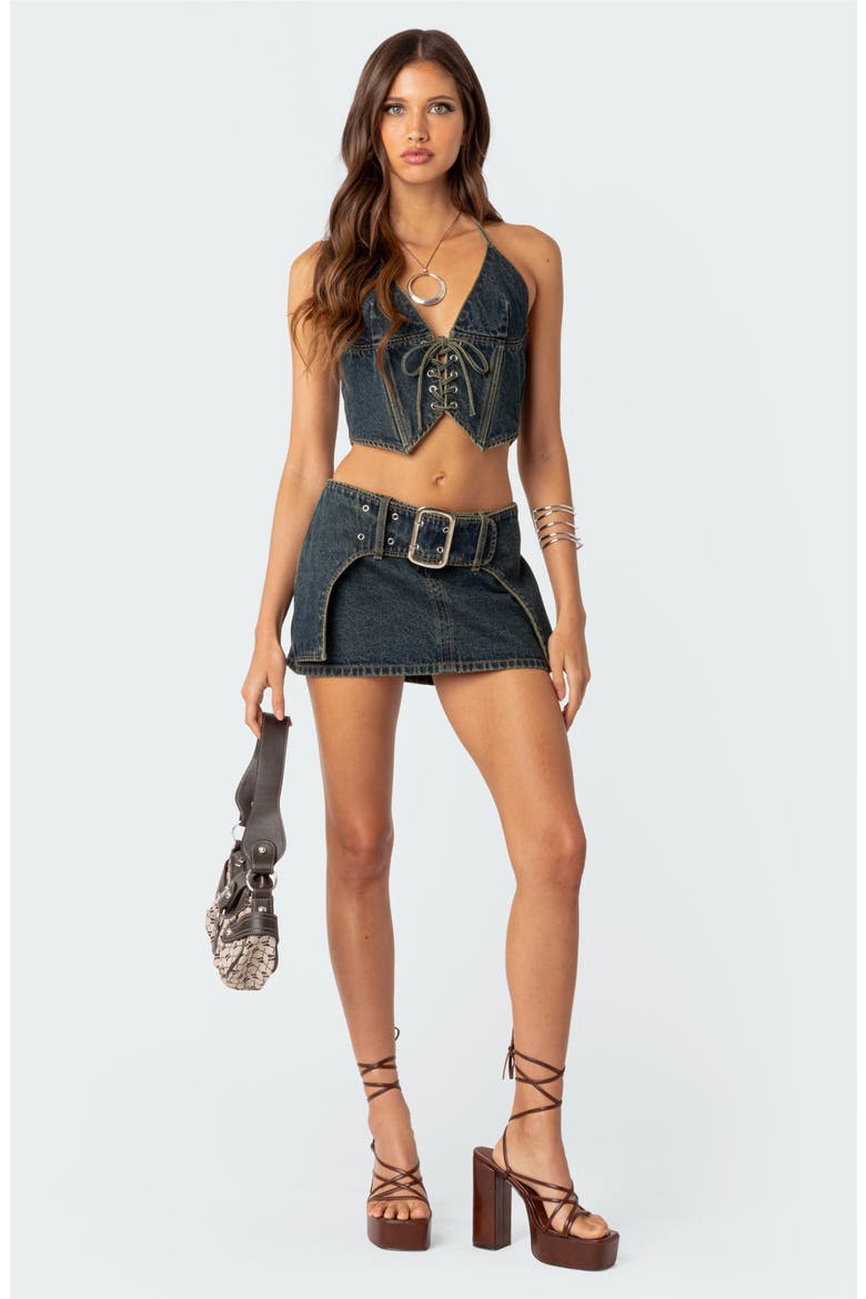 Elara Lace-Up Denim Corset Halter Top, Alternate, color, BLUE
